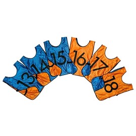 LVL10 Pro Sports Pinnies - Reversible Numbered Pinnies with Premium Fabric, Comfortable Fit and Fade-Resistant Print - Adults Kids (Large, 6 Pack (13-18), Blue/Orange)