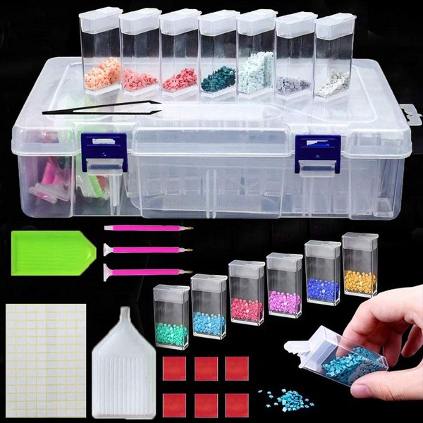 64 Grids Diamond Painting Storage Boxes - 5D Diamond Painting Accessories with Diamond Painting roller, Drill pen, Tray, Tweezers and Storage Container Diamond Painting Tools for Diamond Painting Kits