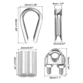 PATIKIL Wire Rope Accessory Set, 304 Stainless Steel 6 Pcs Cable Clip Clamp 6 Pcs Thimble 6 Pcs Aluminum Crimping Loop Sleeve for 8mm/ 5/16" Cable Rope