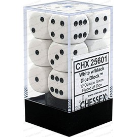 Chessex Opaque 16mm D6 White/Black Dice Block 12 Pipped Dice, Multicolor