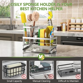 Cisily Sink Caddy Sponge Holder for Kitchen with Brush Holder and Stainless Steel Self Drain Tray, Rustproof Kitchen Sink Organizer for Sponge, Soap Dispenser Storage Accessories (Stainless Steel)