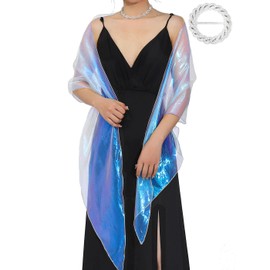 EASEDAILY Women Shawls and Wraps for Evening Dresses Purple Green Sparkly Bridal Sheer Scarf with Rhinestones Buckle (Blue)