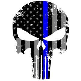 K9King Punisher Skull 5.5 x 4 Inch Tattered Subdued Us Flag Reflective Decal with Thin Line for Cars, Trucks, Laptops and more Thin Blue Line Sticker Police US Flag Enforcement Blue Lives Matter