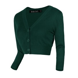 Urban CoCo Women's Cropped Cardigan V-Neck Button Down Knitted Sweater 3/4 Sleeve (S, Dark Green)
