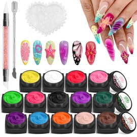 EBANKU 14 Farben Schnitzen Muster Lack UV Gel Set, 3D Helle Blütenblatt Farben Sculpture Carved Gel Nagellack mit Nail Art Sculpture Pen, Nail Cuticus Pusher Cutter und Nail Carving Brush