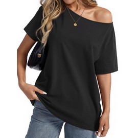 EasyGala Womens Cotton Oversized Tshirts Boat Neck Off Shoulder Short Sleeve Tops Loose Fit Summer Streetwear Clothes Black