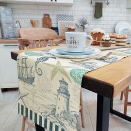 Camino de mesa de verano con estrellas de mar de coral costero, estilo retro, playa, animales marinos, hogar, cocina, comedor, camino de mesa náutico, decoración de fiesta para interiores y