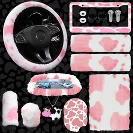 JINGSEN11 Pieces Fluffy Car Accessories Set,Fluffy Cow Print Plush Steering Wheel Covers for Women Soft Fleece Handbrake Cover Shift Cover Car Trim Warm Non-Slip(Pink)