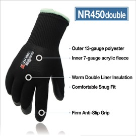 DEX FIT NR450 Warm Fleece Work Gloves, Comfortable and Stretchy Fit, Firm Grip, Thin & Lightweight, Durable Water-Based Nitrile Rubber Coated, Machine Washable (Large(1 Pair), Nr450 Double Black)