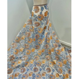 wowfabric4less123 BLUE ORANGE GOLD WHITE Metallic Brocade ORGANZA Fabric 58” Width 1 Yard