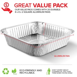 Stock Your Home Aluminum Pans 8x8 Disposable Foil Pans (20 Pack) - 8 Inch Square Pans - Tin Foil Pans Great for Cooking, Heating, Storing, Prepping Food