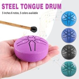 EASTROCK Mini Steel Tongue Drum for Kids 3 Inch 6 Notes Percussion Instrument Handpan Drum C Key with Mallets,Music Book (Purple)