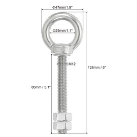 PATIKIL Lifting Shoulder Eye Bolts, 2 Pack M12x80 Screw Bolt 304 Stainless Steel Eye Bolts Threaded Screw Eyebolt Shoulder Ring with Double Nuts Fixed for Lifting Hanging