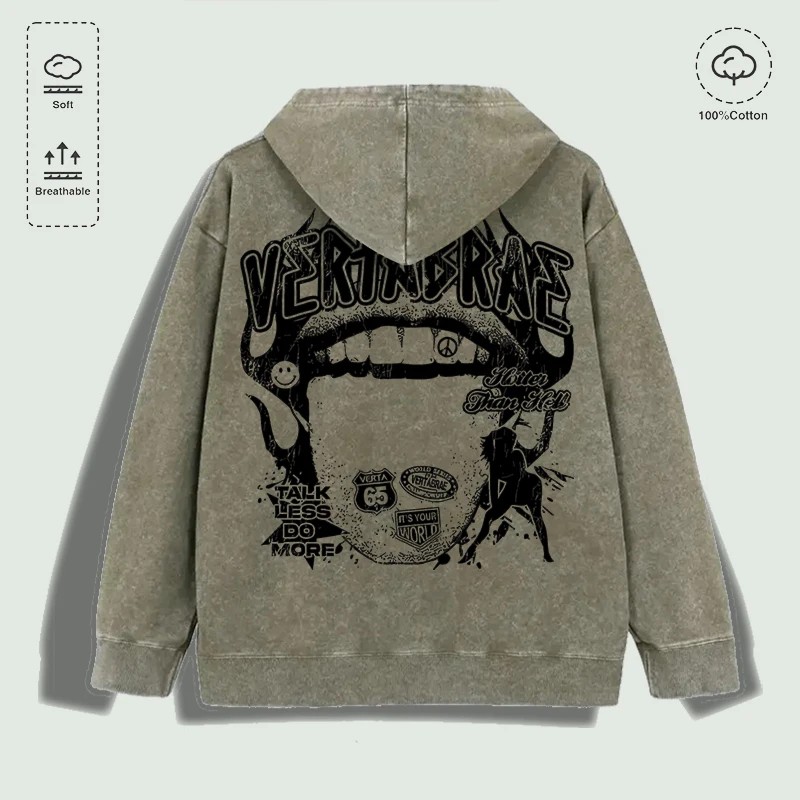 100% Cotton Washed "Vertabrae Edgy Graphic Collage" Hoodie, Multi -