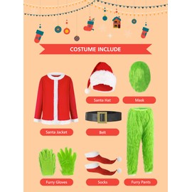 9PCS Christmas Green Monster Costume for Men, Adult Santa Costume with Mask, Coat, Belt, Gloves, Pants, Socks