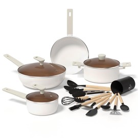 Pots and Pans Set Nonstick, White Handle Induction Kitchen Cookware Sets, 16 Pcs Non Stick Cooking Set w/Frying Pans &Soup Pot(PFOS, PFOA Free)