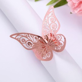 50pcs Laser Cut Butterfly Napkin Rings Holder for Dinners Tables Wedding Anniversray Party Decor Baby Bridal Shower Banquet Supply Sash Bows Tablecloth Paper Napkins (Rose Gold, Laser Cut)