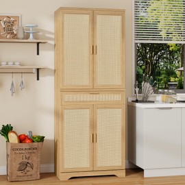 Vabches Kitchen Pantry Cabinet with Large Drawer, Rattan Storage Cabient Tall Cupboard with Adjustable Shelves and Barn Doors, Rattan Freestanding Cabinet for Kitchen, Living Room, Entryway