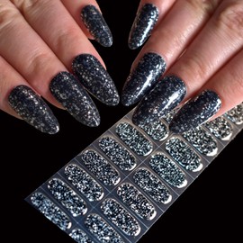 LIFOOST Glitter Black Nail Polish Strips 22 Pcs Salon Quality Gel Nail Stickers Long Lasting Wraps