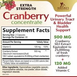 Cranberry Concentrate Extract Supplement for Women & Men + Vitamin C - 25,000mg Formula for Urinary Tract Health Support, Non-GMO and Gluten Free, Cranberry Pills Supplement - 120 Capsules