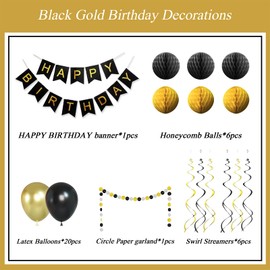 Black and Gold Birthday Party Decorations, Happy Birthday Banner with Black and Gold Balloons Honeycomb Balls Paper Circle Garland Swirl Streamers For Birthday Party Supplies
