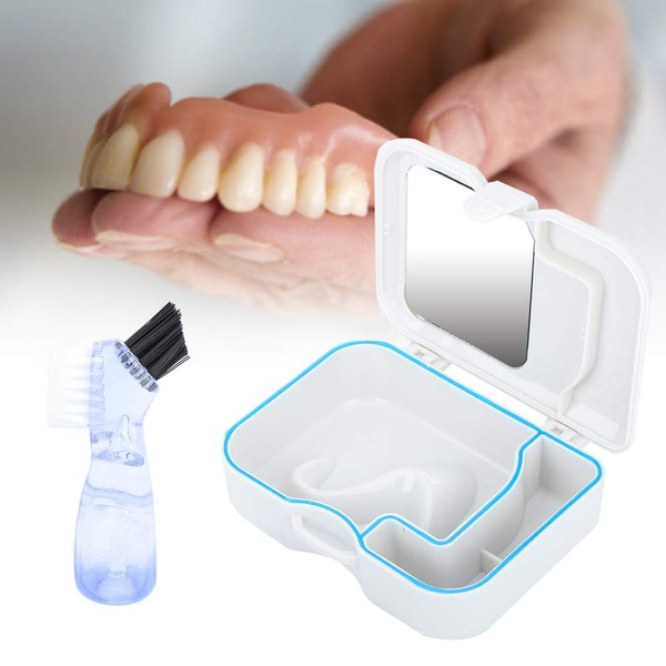 Prosthesis Bath Box, Denture Cup, Prosthesis Case Cover, Prosthesis Bath Box Storage Box for False Teeth with Mirror and Cleaning Brush