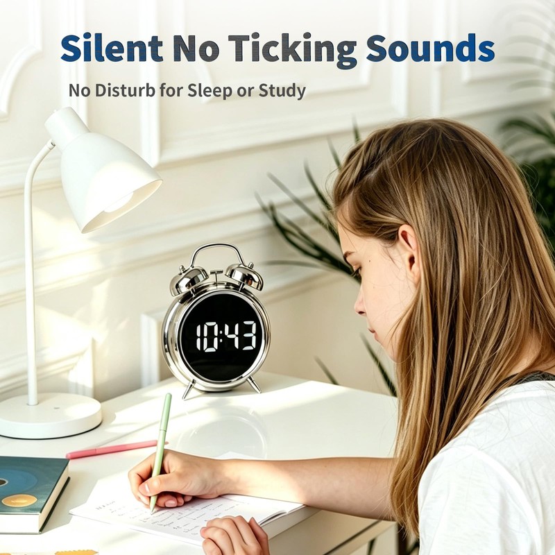 Digital Alarm Clock LED Display, No Ticking, Loud Alarm Clock