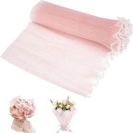 4 Yards Flower Wrapping Papers,28cm Pink Flower Wrapping Mesh Paper,Wrinkled Wavy Net Yarn with Pearl Edge,for Favor Wrapping