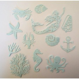 Nautical Ocean Mermaid Seashell Lobster Crab Coral Paper Die Cut Embellishment - Baby Blue