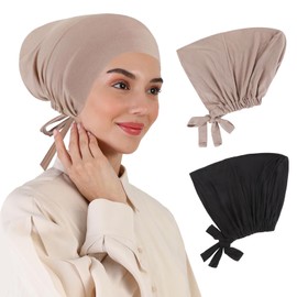 XEPST Set of 2 Hijab Undercap for Women, Islamic Muslim Under-Hijab Cap, Plain Inner Underscarf with Back Closure, Turban Head Wrap for Women, Chemo Sleep Cap, Set of 3, Light Khaki + Black