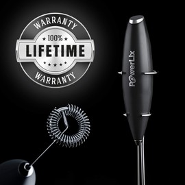 PowerLix Milk Frother Handheld Battery Operated Electric Whisk Beater Foam Maker For Coffee, Latte, Cappuccino, Hot Chocolate, Durable Mini Drink Mixer With Stainless Steel Stand Included (Black)