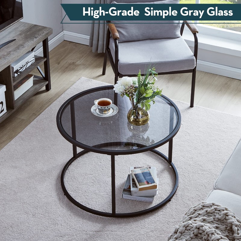 SAYGOER Round Coffee Table Glass Coffee Tables for Small Space