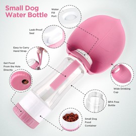 Uppetly Dog Water Bottle, Pet Water Bottle with Food Container and Drinking Feeder, Leak Proof, BPA-Free, Portable Foldable Puppy Water Cup Dispenser for Outdoor Walking, Travel, Hiking Small Pink