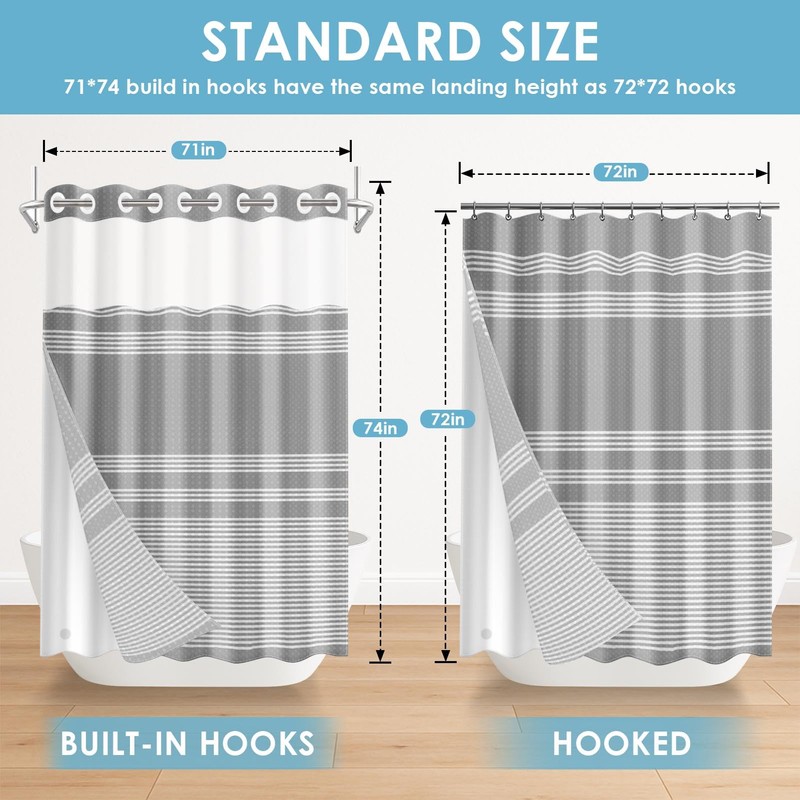 Nesphy No Hook Shower Curtain with Snap in Fabric Liner