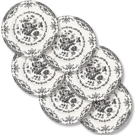 HomeElves Salad Plates, 8.5 Inch Ceramic Plates Set of 6, Kitchen Plate Microwave Safe, White Porcelain Dessert Plate Porcelain Serving Dishes, Black