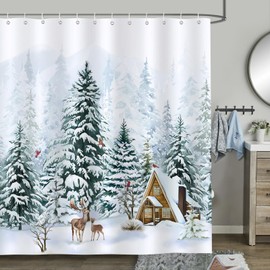 Bonhause Shower Curtain Winter Christmas Tree Forest Deer Pine Shower Curtains 180 x 180 cm Anti-Mould Waterproof Polyester Fabric Washable Bathroom Curtain for Bathroom with 12 Hooks