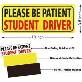 PSL Reflective Student Driver Magnetic Car Sign - Please Be Patient Student Driver - Yellow Large Bold Text Vehicle Safty Bumper Magnet For New Drivers or Beginner 10 inch