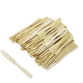 BetterJonny 300 Pack Bamboo Disposable Cutlery - Two Prong Skewers, Blunt End Toothpicks, Mini Cocktail Tasting Forks, Fruit Food Picks for Party, Banquet, Buffet, Catering, Daily Life