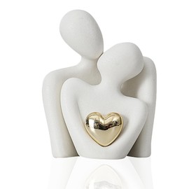 Sikweny Ornaments for Living Room, Ceramic White Ornaments Shelf Decorations with Golden Heart Accent Wedding Romantic Abstract Couple Hugging Statue for Wedding Anniversary (White)