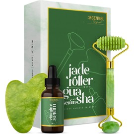100% Natural Jade Stone Roller and Gua Sha Set with Vitamin C Serum | Great for Eye Puffiness Treatment, Skin Tightening, Anti Aging, Rejuvenate Face & Neck | Beauty Gift for Women (Green)