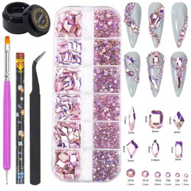 Nail Art Rhinestones Kit Round Flat Back Rhinestones Multi Shape Nail Gems Nail Crystals Diamonds Jewelry Rhinestones for Nail Design DIY Crafts Decoration（Pink AB）