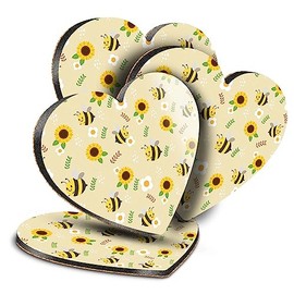 4 x Heart Coasters - Happy Bees Sunflowers Bee Mother's Day Cork Backed MDF Glossy Tea Coffee Accessory #170601