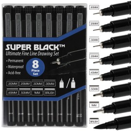 Creative Mark Ultimate Fine Line Drawing Pens Super Black, Permanent, Waterproof, & Acid-Free Assorted Tips and Large Brush Pen - [Fineliners and Sketch Set of 8]