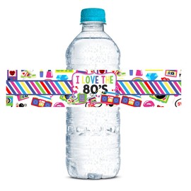 Amanda Creation Totally Awesome 80's Themed Birthday Party Waterproof Water Bottle Sticker Wrappers, 20 1.75" x 8.5" Wrap Around Labels
