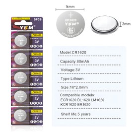 YKM 5PCS CR1620 DL1620 BR1620 80mAh Long Lasting 1620 3V Lithium Battery for Car Key Fob Watch Keyless Remote Scale