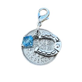 Silver Sixpence Bridal Charm | Something Blue and Horseshoe | Bouquet Charm for Bridal Shower (Random)