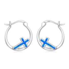 Twoowl Cross Earrings 925 Sterling Silver Cross Hoop Earrings Blue Opal Earrings Religion Earrings Cross Jewellery Gifts birthday Christmas for Women Girls Mom Sister