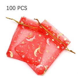 Hsthe Sea 100 Pack Christmas Organza Bags Moon Stars Organza Bags Jewelry Candy Drawstring Pouches for Winter Wedding Christmas Party-Red