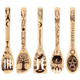 FUTERLY Witchy Gifts for Women - 5 PCS Wooden Spoons for Cooking,Witch Stuff for Kitchen Decor,Cottagecore Gifts for Witches,Witch Set for Pagan Decor, Witch Gifts for Friends