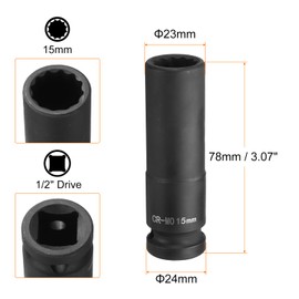 sourcing map 12-Point Deep Impact Socket 1/2 Inch Drive 15mm Metric Chrome Molybdenum Alloy Steel Spindle Axle Nut Impact Socket